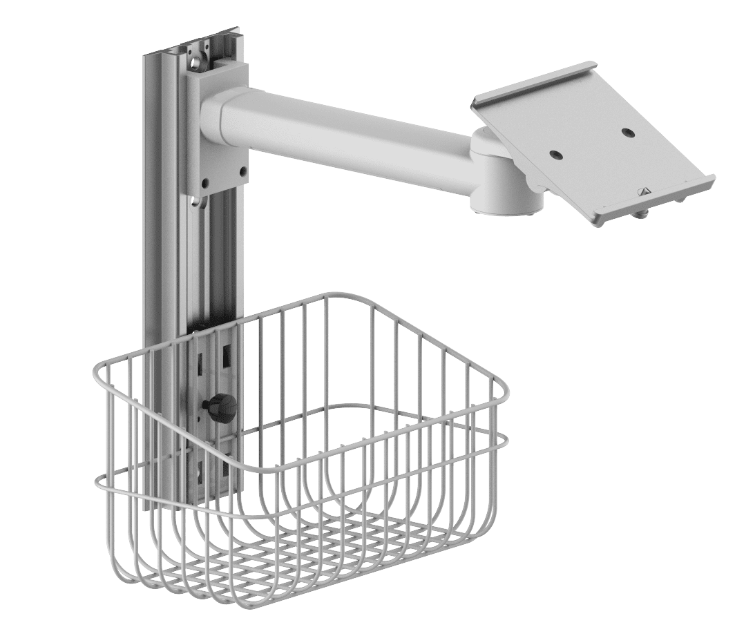 Monitor Stand ve Yoğun Bakım Sepeti kombinasyonu, tek noktada monitör ve sarf malzeme düzeni sağlayan entegre sistem