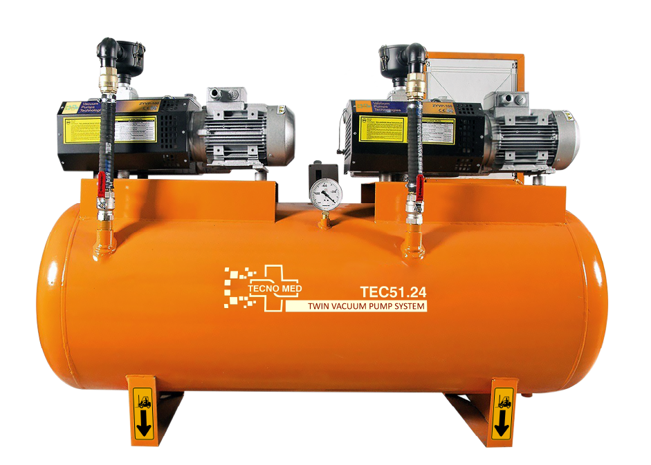 Tank Üstü Vakum Santrali, alçak tavanlı teknik odalar için yatay tanklı, PLC kontrollü, bakteriyel filtreli vakum çözümü
