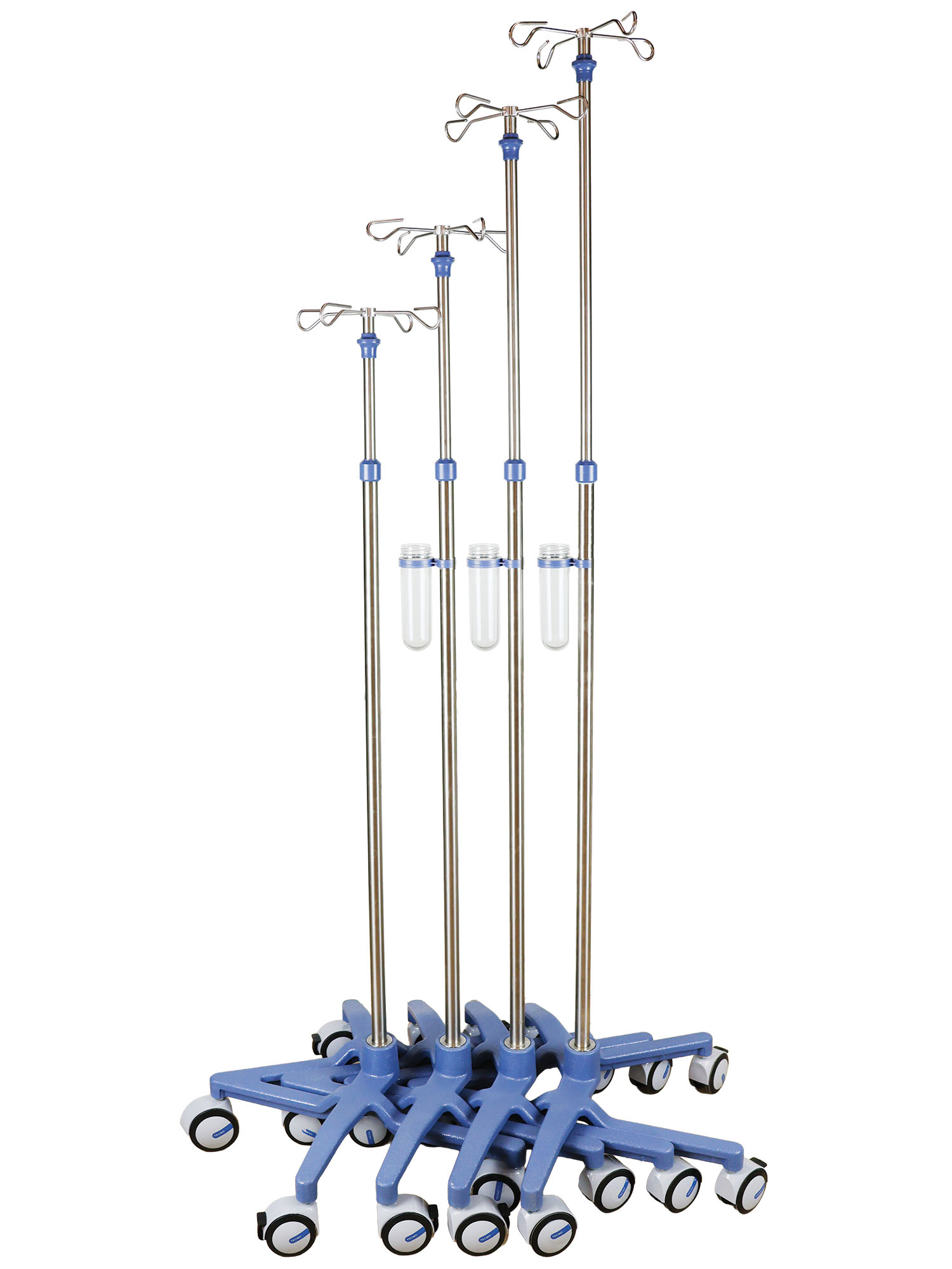 Serum askılığı – iç içe geçebilen ayak tasarımıyla alan tasarrufu sağlayan, portatif ve istiflenebilir hastane tipi serum askısı modeli.