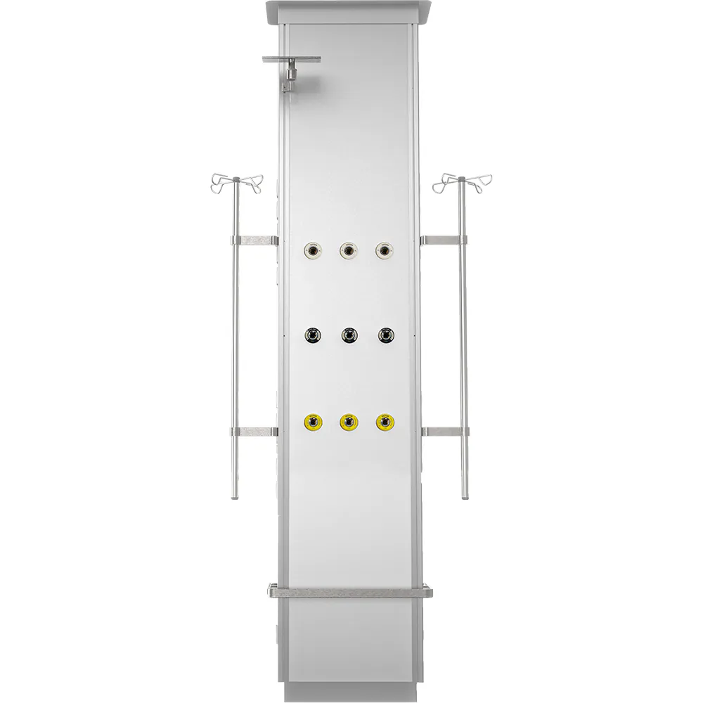 Wall-mounted Medicolumn provides combined access to electrical, gas, and data outlets at the bedside